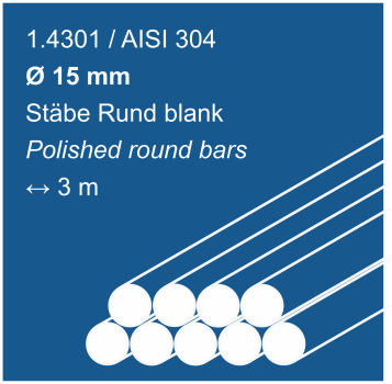 Edelstahlstäbe aus 1.4301 (304), 15 mm Durchmesser, 3000 mm lang, auf blauem Hintergrund abgebildet